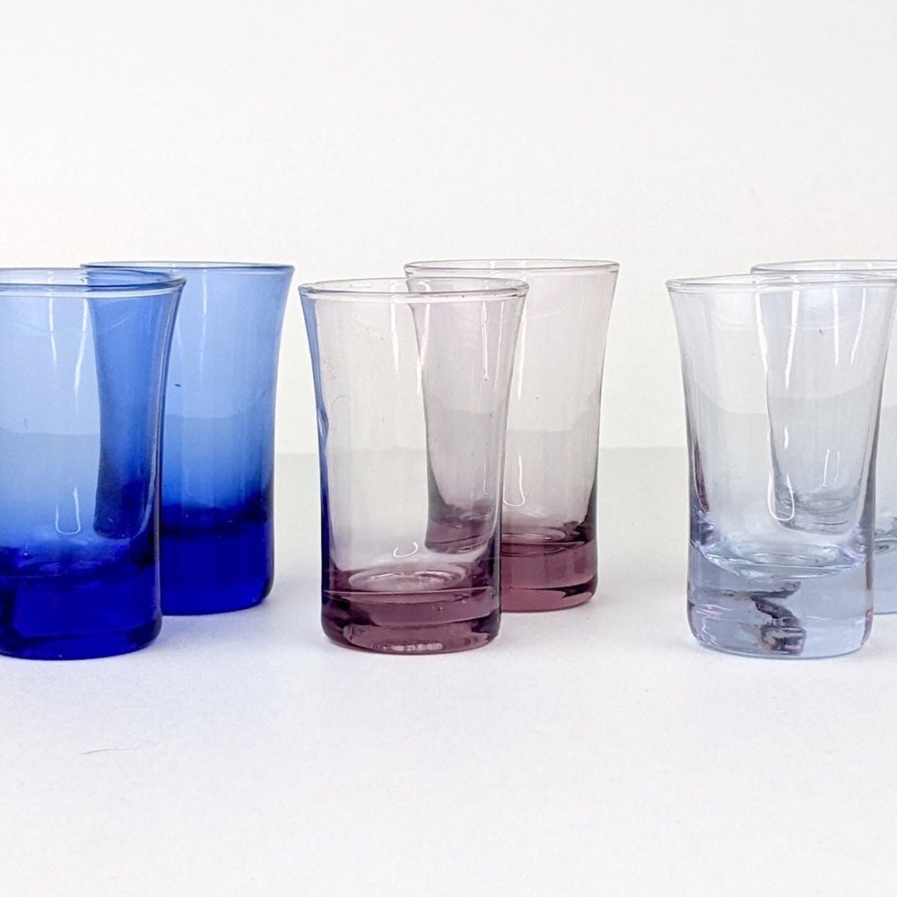 Vtg MCM Coloured Shot Glasses, Cobalt Blue, Purple and Ice Blue Shot Glasses